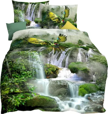 Produktbild von JACK by Kaeppel Mako Satin Digitaldruck Bettwäsche 2 tlg. Wasserfall Papagei Dschungel Regenwald Waterfall, Größe:135x200cm Bettwäsche