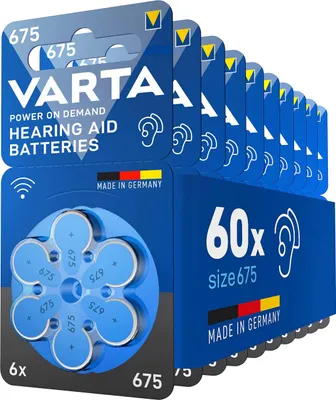 Produktbild von VARTA Hörgerätebatterien Typ 675 blau, Batterien 60 Stück Vorratspack, Power on Demand, wireless approved, Größe p 675 für Hörgeräte & Hörhilfen, Germany