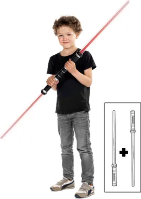 A young boy is holding a double-bladed lightsaber toy. There is an inset image showing the two separate lightsaber hilts.