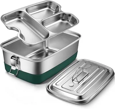 Produktbild von Famanu Brotdose aus Edelstahl mit 3 Fächern - 2000 ml - Metall-Lunchbox - mit beweglicher Trennwand - auslaufsicher - 22 x 9 x 15,5 cm