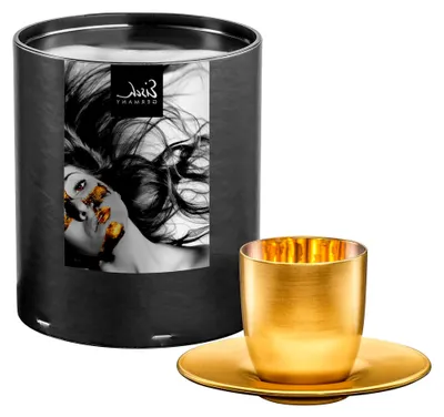 Produktbild von Espressobecher mit Untersetzer Vollgold in Geschenkröhre (Kristallglas, 0,1 L)