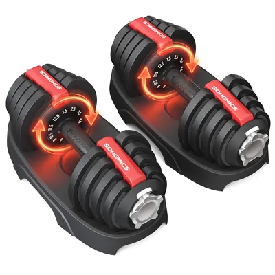 Obrázek produktu pro SONGMICS Činky, sada 2 ks, nastavitelné, 11 v 1, 1,5 kg až 12,5 kg, se stojanem, černé a červené