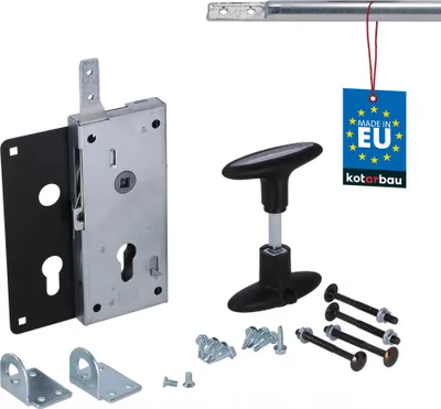 A collection of garage door lock components and hardware, including a lock mechanism, a handle, and various screws and brackets, displayed against a white background.