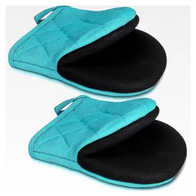 Produktbild von 1 Paar Kurze Ofenhandschuhe, Hitzebeständige Mini Ofenhandschuhe, Baumwolle mit rutschfester Grifffläche für Backen und Grillen, Blau