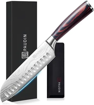 Image de PAUDIN N5 - Couteau Santoku 17,5 cm - Couteau de type japonais professionnel - Motif Damas - Protège-lame inclus