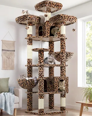 Immagine prodotto di Albero per gatti XXL, alto 209 cm, con motivo a leopardo. Grande albero per gatti con 3 aree relax e due rifugi