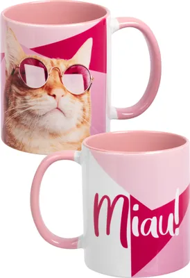 Produktbild von Katzen Tasse - Miau! - Katze Kaffeetasse Becher Kaffeebecher aus Keramik Rosa Weiß 320 ml