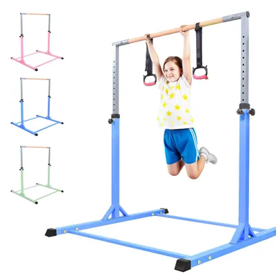 Image de Barre de gymnastique pour enfants - Barre réglable en hauteur - 13 positions de réglage - Avec anneaux - Pour entraînement en intérieur - Couleur : bleu