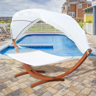 Produktbild von Wolketon Hängematte Hängematten mit Gestell und Sonnendach Hammock aus Wetterfestem Lärchenholz bis 200kg Stabhängematte für 2 Personen Outdoor und Indoor
