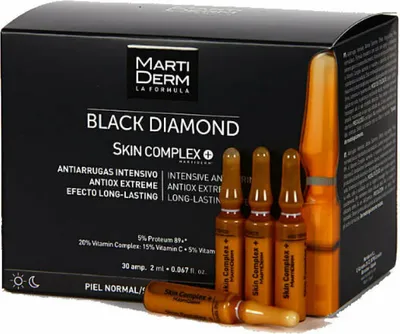 A box of MartiDerm Black Diamond Skin Complex+ ampoules, with several ampoules shown in front of the box.