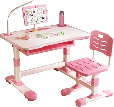 Imagen del producto de Escritorio y silla ajustables en altura, escritorio de estudio ergonómico con estantería inclinable, escritorio infantil con lámparas LED y cajón, color rosa