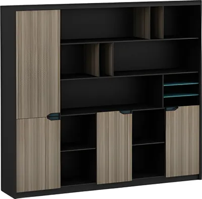 Produktbild von Büroschrank Regalwand Holzoptik Braun Schwarz Modern Türen Fächer Ordner Blau