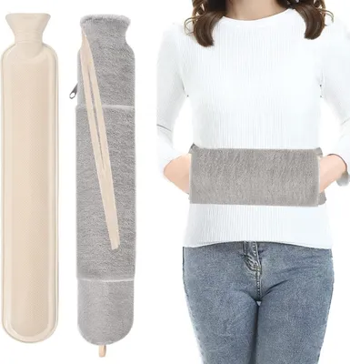 Produktbild von Lang Wärmflasche 2L mit flauschigem Bezug Handwärmer zum Umbinden XXL Grau, geeignet für Nacken Schulter Bett Frauen Männer Winter