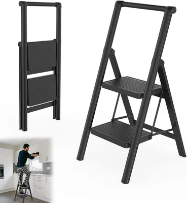 Produktbild von Faltbare Treppe – Haushaltsleiter mit Handlauf – Sicher arbeiten im Haus – Breite, rutschfeste Stufen – 2 Stufen – Schwarz