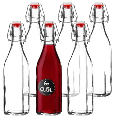 Immagine prodotto di Bottiglia universale KADAX con tappo oscillante "Tore", bottiglia di vetro, bottiglia di succo, trasparente, 500 ml, 6 pezzi, Immagine generata dall'IA