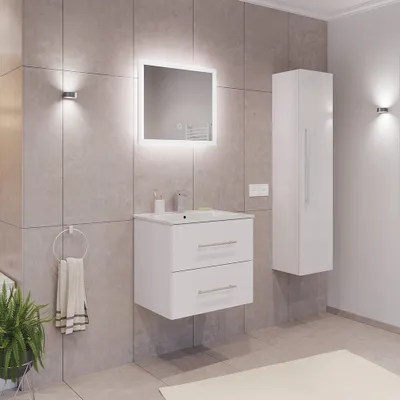 Produktbild von Badmöbel Set 3-teilig, Waschtisch 60cm breit mit Waschbecken und LED Spiegel, in weiß - HARLINGEN-02