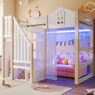 Produktbild von Hochbett, 90x200cm, Mit LED-Leuchten,  Fensterform, Ablageleiter, offenem Staufach, Gaze, ohne Matratze, Weiß+Natur