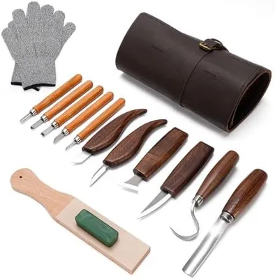 Produktbild von Schnitzwerkzeug Set, 15 Teiliges Schnitzmesser DIY Set, Holzschnitzset Beinhaltet 6 Schnitzmesser, 5 Detail-Schnitzwerkzeug, Sicherheitshandschuhe und PolyurethanTasche