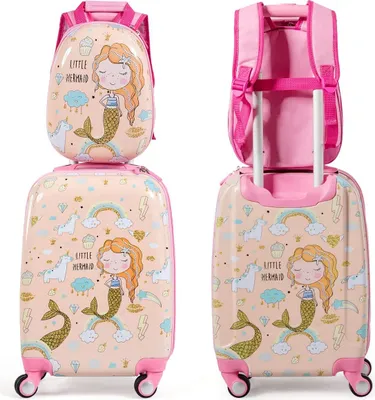 Produktbild von Kinderkoffer-Set Kiderkoffer mit Rucksack, Kinderkoffer mit 4 Rollen, Kofferset Kindertrolley Kindergepäck Handgepäck Reisegepäck Hartschalenkoffer, 18 Zoll + 12 Zoll (Pink)
