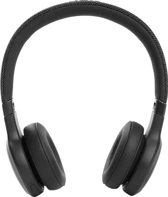A pair of black JBL headphones shown from the front against a white background.