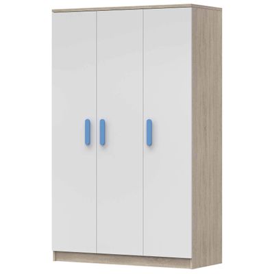 Kleiderschrank Drehtürenschrank Kinderkleiderschrank Schrank 120cm Sonoma Eiche/Weiß mit blauen Griffen - JONAS 19