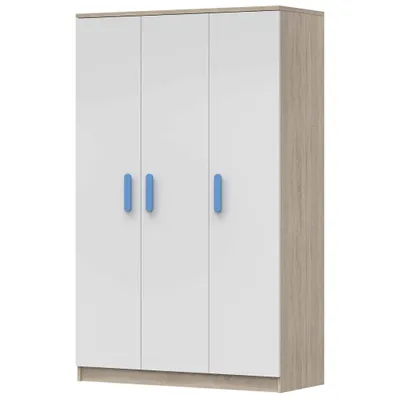 Produktbild von Kleiderschrank Drehtürenschrank Kinderkleiderschrank Schrank 120cm Sonoma Eiche/Weiß mit blauen Griffen - JONAS 19