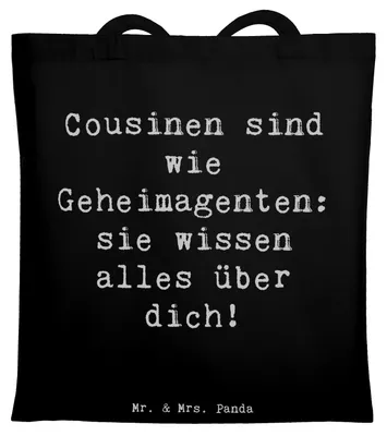 Produktbild von Mr. & Mrs. Panda Jutebeutel Spruch Cousinen Geheimagenten - Schwarz - Geschenk, Liebe, Lächeln, Uni Tasche, Laptoptasche, Wissen, Cousine, Geschenke, Tote Bag, Verwandte