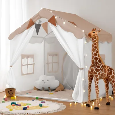 Produktbild von Kinderspielzelt 130x90x130 cm, braun, 2-in-1, mit Matte und Beleuchtung, für Innenbereich