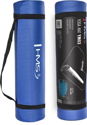 A blue yoga mat is shown rolled up and in its carrying case, with a separate view of the packaging.