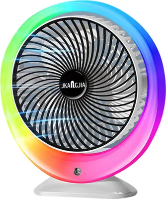 Image de Ventilateur de bureau LED coloré avec lumière d'ambiance graduelle Chargement USB Puissance éolienne à 3 vitesses Batterie 1200mAh Alimentation en air à grand angle Réglage de l'éolienne par simple clic Appui long pour allumer la lumière colorée
