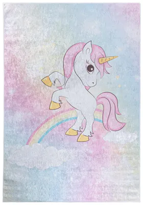 Image de Mazovia Tapis Pour enfants Licorne Coloré Rose 80x150 cm Poils Courts, Facile à Nettoyer, Tapis de Jeu pour Chambre d'Enfant