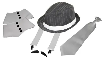 Produktbild von Deluxe Gangster Set | Hosenträger - Krawatte - Hut - Gamaschen - Bart