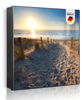 Produktbild von banjado Schlüsselkasten aus Metall, 30x30cm groß mit 32 Haken, als Magnettafel nutzbar, Korpus schwarz, Anschlag rechts, Nordseestrand [SKG1 11121]