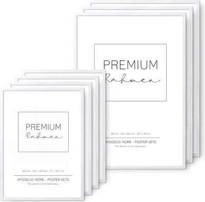 Produktbild von Hyggelig Home Premium Rahmen Set – 7 hochwertige Bilderrahmen aus Holz – 3 x DIN A3 + 4 x DIN A4 – passend für 7er Poster Set – weiss