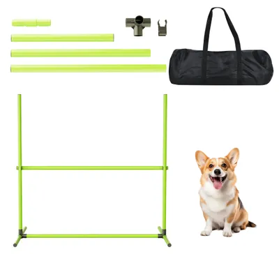 Produktbild von QEENTOE Hunde‑Agility‑Set, 4 höhenverstellbare Hürden sowie Slalomstäbe inklusive Tragetasche, Trainingsgerät für Hundeschulen (Grün)