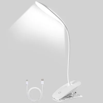 Zdjęcie produktu dla Lampa LED z zaciskiem – lampka biurkowa USB – do czytania i pracy – 3 poziomy jasności – wysokość 43 cm – biała