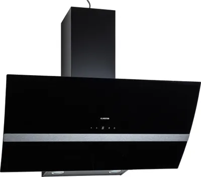 A black and silver kitchen range hood is shown against a white background.