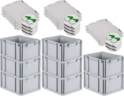 Produktbild von SuperSparSet 8x Eurobox NextGen Grip mit Scharnierdeckel und grünen Schiebeschnappverschlüssen | HxBxT 22x30x40cm | 20 Liter | Grau | Griffe geschlossen | Glatter Boden | Eurobehälter, Transportbox, Transportbehälter, Stapelbehälter
