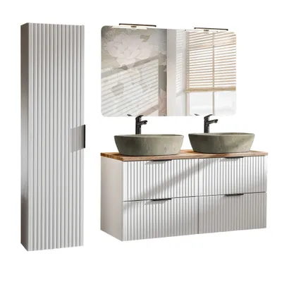 Produktbild von Badmöbel Set matt weiß gerillt ADELAIDE-56-WHITE LED-Spiegel,120 cm Waschtisch mit Keramikbecken, Hochschrank