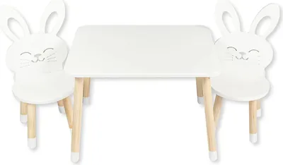Produktbild von DEKORMANDA - Kindertisch mit Stühle - Kinderzimmer Möbel - EIN Stuhl in Hasenform für Kleine Tierfreunde - Weißer Tisch Kinder mit 2 Lehrstuhl - Kids