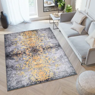 Produktbild von Koberec obývací pokoj ložnice krátký vlas moderní design ÖKOTEX šedý žlutý 80 x 150 cm
