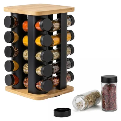 Produktbild von Relaxdays Gewürzkarussell, 20 Gläser, 360° drehbarer Gewürzständer, HBT 32x18,5x18,5cm, Bambus, Edelstahl, natur/schwarz