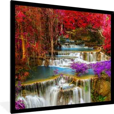 Produktbild von MuchoWow® Gerahmtes Poster Wasserfall - Rosa - Bäume 40x40 cm - Poster mit Schwarzem Bilderrahmen Wandposter Rahmen Foto Bilder - Mit Rahmen - Wanddekoration Schlafzimmer