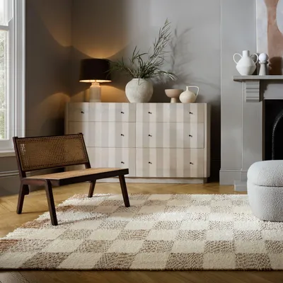 Produktbild von Teppich Kurzflor Karo Muster, Geometrisch, Wohnzimmer Beige-Natur Rechteckig 200x300 | 54% Polyester, 31% Wolle, 15% Baumwolle, ohne Rückenbeschichtung | Florhöhe: 0 cm | Handgewebt