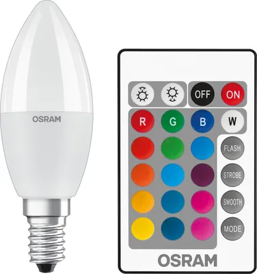 A white LED candle light bulb and a remote control with color and function buttons.