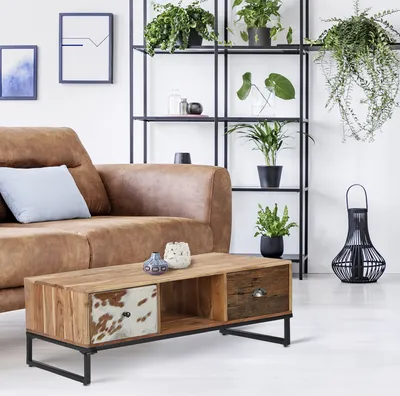Obrázek produktu pro WOMO-DESIGN TV stolek Taipei se 2 zásuvkami 110x50 cm, ručně vyrobený z masivního akátového dřeva a dřeva na spaní, kovové nohy, kůže