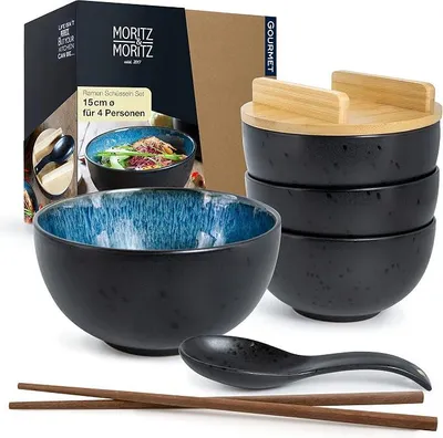 Produktbild von 4x SOLID Ramen Schüssel Keramik - 600 ml - 15 cm Ø - Schwarz blaues Ramen Bowl Set für 4 Personen - Für Suppe, Pho und Sushi Bowl - Inkl. Stäbchen, Deckel und Löffel