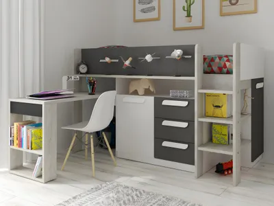Immagine prodotto di Letto a soppalco con scrivania e contenitore - 90 x 200 cm - antracite, colori naturali e bianco - LOUKALA