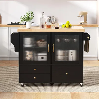 Immagine prodotto di Isola da cucina mobile Flieks con rotelle e tavolo da pranzo allungabile, carrello da cucina con portabicchieri e vano portaoggetti, carrello da servizio 100x42-70x91,5 cm, nero