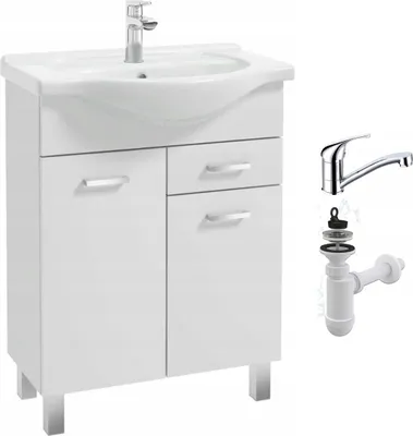 Zdjęcie produktu dla Szafka do Łazienki z Umywalką 65 cm Stojąca Biała Połysk + Bateria Obrotowa
